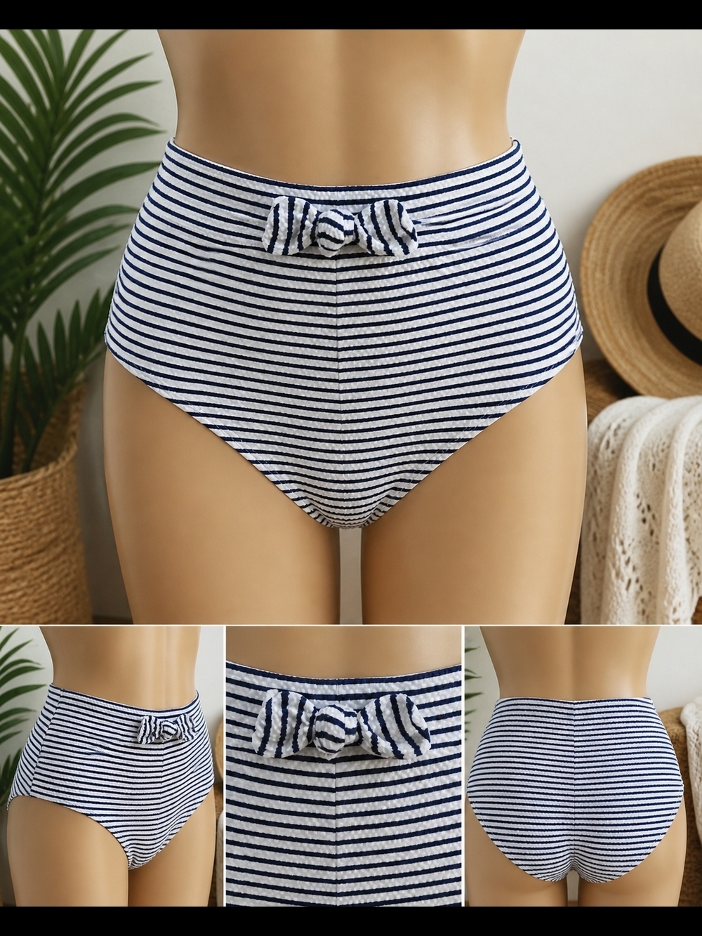 NWOT Tommy Bahama Navy & White Striped Bikini Bottom with Front Bow Accent